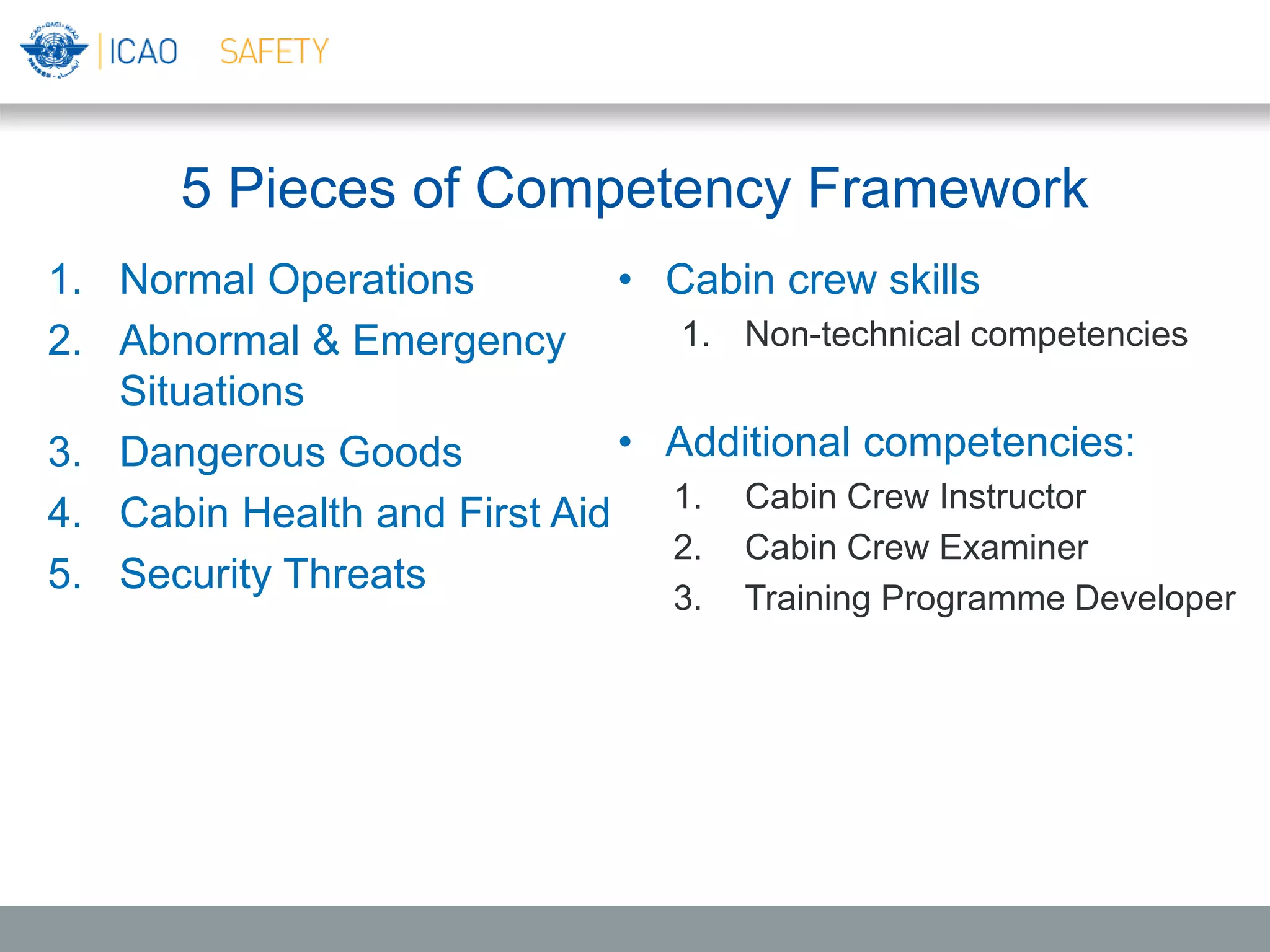 5 Pieces of Competency Framework
1. Normal Operations
2. Abnormal & Emergency
Situations
3. Dangerous Goods
4. Cabin Health and First Aid
5. Security Threats
• Cabin crew skills
1. Non-technical competencies
• Additional competencies:
1. Cabin Crew Instructor
2. Cabin Crew Examiner
3. Training Programme Developer
 