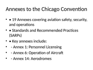 Annexes to the Chicago Convention
• • 19 Annexes covering aviation safety, security,
and operations
• • Standards and Recommended Practices
(SARPs)
• • Key annexes include:
• - Annex 1: Personnel Licensing
• - Annex 6: Operation of Aircraft
• - Annex 14: Aerodromes
 