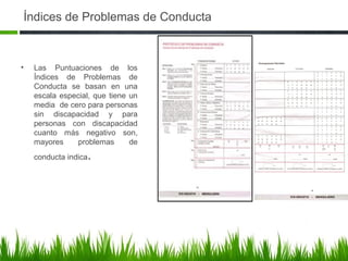 Índices de Problemas de Conducta

•

Las Puntuaciones de los
Índices de Problemas de
Conducta se basan en una
escala especial, que tiene un
media de cero para personas
sin discapacidad y para
personas con discapacidad
cuanto más negativo son,
mayores
problemas
de
conducta indica

.

 