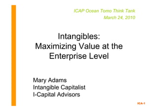 ICAP Ocean Tomo Think Tank
                            March 24, 2010



     Intangibles:
Maximizing Value at the
   Enterprise Level

Mary Adams
Intangible Capitalist
I-Capital Advisors
                                             ICA-1
 