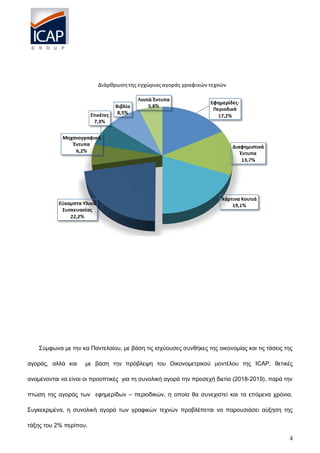 Σύμφωνα με την κα Παντελαίου, με βάση τις ισχύουσες συνθήκες της οικονομίας και τις τάσεις της
αγοράς, αλλά και με βάση την πρόβλεψη του Οικονομετρικού μοντέλου της ICAP, θετικές
αναμένονται να είναι οι προοπτικές για τη συνολική αγορά την προσεχή διετία (2018-2019), παρά την
πτώση της αγοράς των εφημερίδων – περιοδικών, η οποία θα συνεχιστεί και τα επόμενα χρόνια.
Συγκεκριμένα, η συνολική αγορά των γραφικών τεχνών προβλέπεται να παρουσιάσει αύξηση της
τάξης του 2% περίπου.
4
 