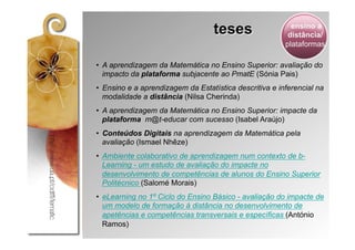 teses                   ensino a
                                                          distância/
                                                         plataformas

•  A aprendizagem da Matemática no Ensino Superior: avaliação do
   impacto da plataforma subjacente ao PmatE (Sónia Pais)
•  Ensino e a aprendizagem da Estatística descritiva e inferencial na
   modalidade a distância (Nilsa Cherinda)
•  A aprendizagem da Matemática no Ensino Superior: impacte da
   plataforma m@t-educar com sucesso (Isabel Araújo)
•  Conteúdos Digitais na aprendizagem da Matemática pela
   avaliação (Ismael Nhêze)
•  Ambiente colaborativo de aprendizagem num contexto de b-
   Learning - um estudo de avaliação do impacte no
   desenvolvimento de competências de alunos do Ensino Superior
   Politécnico (Salomé Morais)
•  eLearning no 1º Ciclo do Ensino Básico - avaliação do impacte de
   um modelo de formação à distância no desenvolvimento de
   apetências e competências transversais e específicas (António
   Ramos)
 