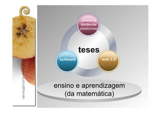 ensino a
             distância/
            plataformas




            teses
 software                 web 2.0




ensino e aprendizagem
   (da matemática)
 
