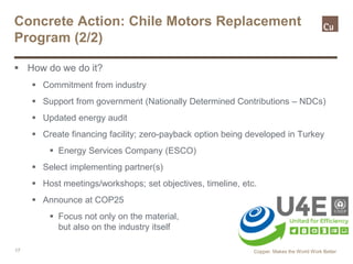 17
Concrete Action: Chile Motors Replacement
Program (2/2)
 How do we do it?
 Commitment from industry
 Support from government (Nationally Determined Contributions – NDCs)
 Updated energy audit
 Create financing facility; zero-payback option being developed in Turkey
 Energy Services Company (ESCO)
 Select implementing partner(s)
 Host meetings/workshops; set objectives, timeline, etc.
 Announce at COP25
 Focus not only on the material,
but also on the industry itself
Copper. Makes the World Work Better
 