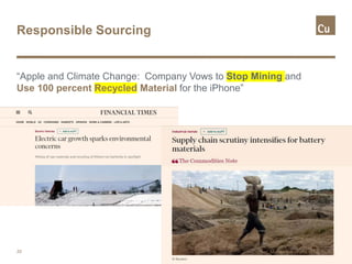 Responsible Sourcing
“Apple and Climate Change: Company Vows to Stop Mining and
Use 100 percent Recycled Material for the iPhone”
20 Copper. Makes the World Work Better.Copper. Makes the World Work Better.
 
