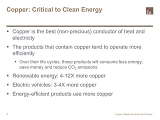 6
Copper: Critical to Clean Energy
 Copper is the best (non-precious) conductor of heat and
electricity
 The products that contain copper tend to operate more
efficiently
 Over their life cycles, these products will consume less energy,
save money and reduce CO2 emissions
 Renewable energy: 4-12X more copper
 Electric vehicles: 3-4X more copper
 Energy-efficient products use more copper
Copper. Makes the World Work Better
 