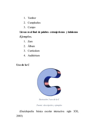 1. Tambor
2. Cumpleaños
3. Campo
Llevan m al final de palabra extranjerismos y latinismos
Ejemplos.
1. Zum
2. Álbum
3. Currículum
4. Auditórium
Uso de la C
Ilustración 5 uso de la C
Fuente: descripción y ejemplos
(Enciclopedia básica escolar interactiva siglo XXl,
2003)
 