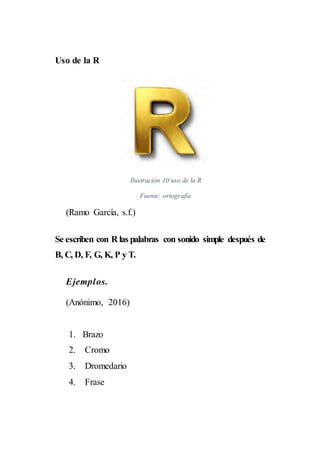 Uso de la R
Ilustración 10 uso de la R
Fuente: ortografía
(Ramo García, s.f.)
Se escriben con R las palabras con sonido simple después de
B, C, D, F, G, K, P y T.
Ejemplos.
(Anónimo, 2016)
1. Brazo
2. Cromo
3. Dromedario
4. Frase
 