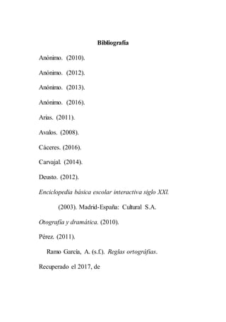 Bibliografía
Anónimo. (2010).
Anónimo. (2012).
Anónimo. (2013).
Anónimo. (2016).
Arias. (2011).
Avalos. (2008).
Cáceres. (2016).
Carvajal. (2014).
Deusto. (2012).
Enciclopedia básica escolar interactiva siglo XXl.
(2003). Madrid-España: Cultural S.A.
Otografía y dramática. (2010).
Pérez. (2011).
Ramo García, A. (s.f.). Reglas ortográfias.
Recuperado el 2017, de
 