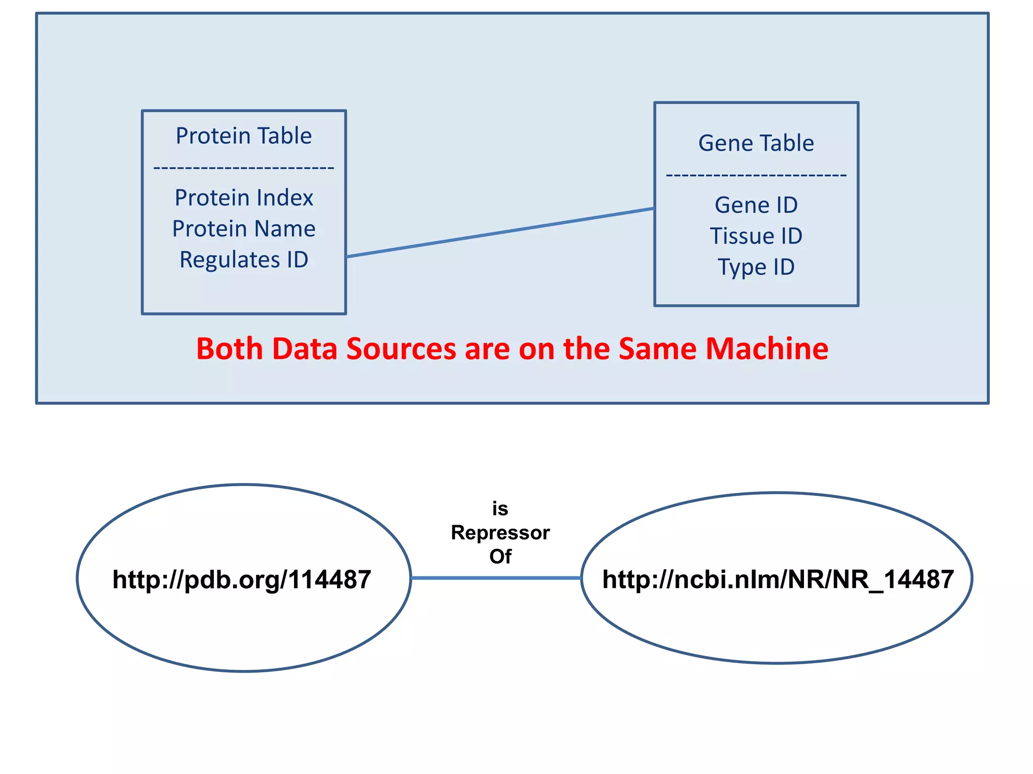 Both Data Sources are on the Same MachineGene Table-----------------------Gene IDTissue IDType IDProtein Table-----------------------Protein IndexProtein NameRegulates IDisRepressorOfhttp://ncbi.nlm/NR/NR_14487http://pdb.org/114487