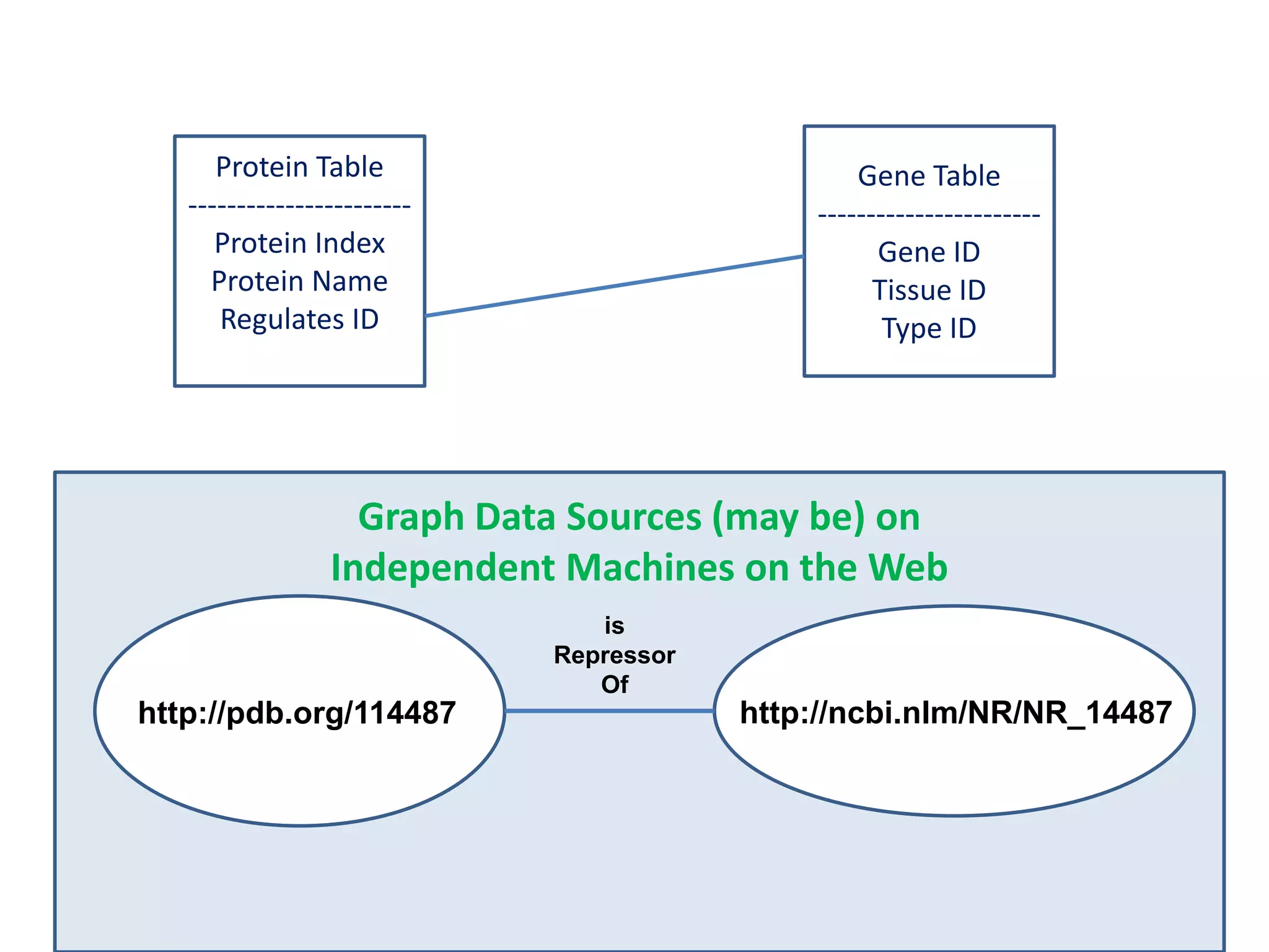 Gene Table-----------------------Gene IDTissue IDType IDProtein Table-----------------------Protein IndexProtein NameRegulates IDGraph Data Sources (may be) on Independent Machines on the WebisRepressorOfhttp://ncbi.nlm/NR/NR_14487http://pdb.org/114487