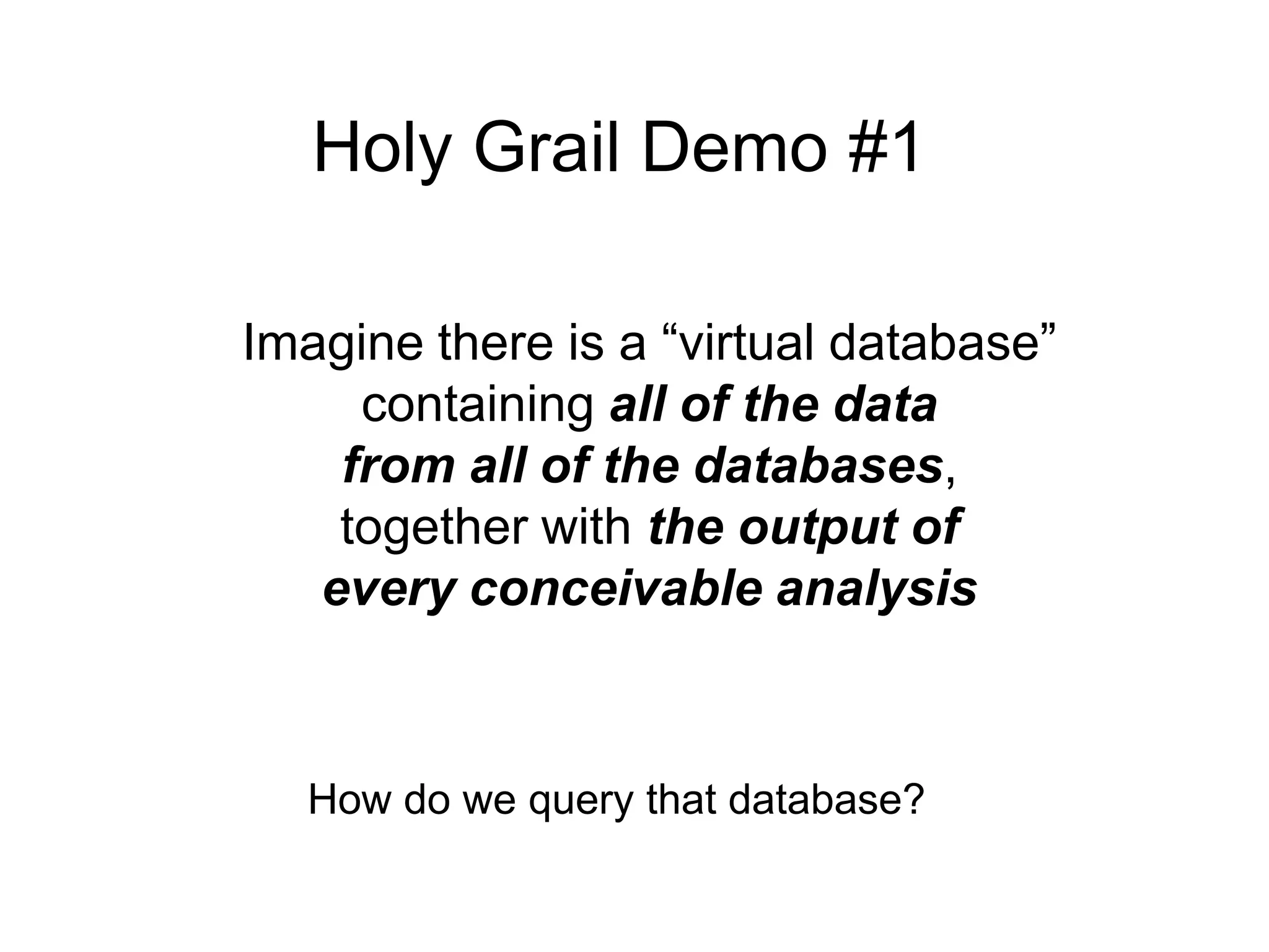 Holy Grail Demo #1Imagine there is a “virtual database” containing all of the data from all of the databases,together with the output ofevery conceivable analysisHow do we query that database? 