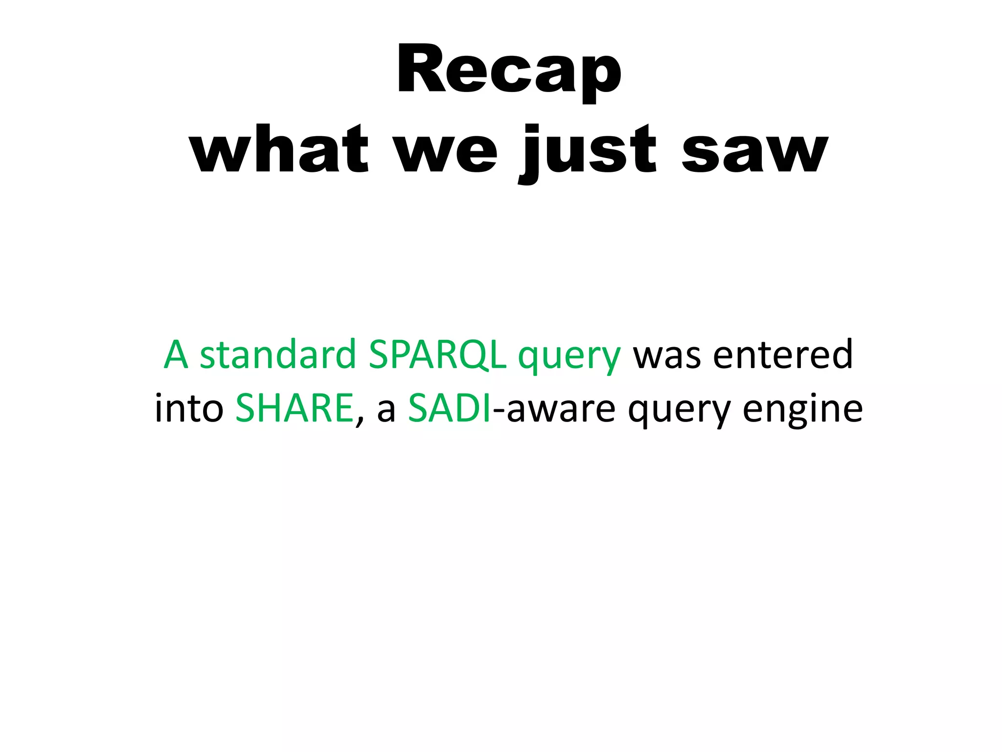 Recapwhat we just sawA standard SPARQL query was entered into SHARE, a SADI-aware query engine