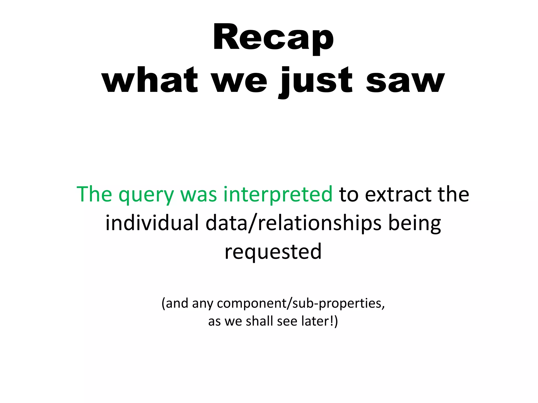 Recapwhat we just sawThe query was interpreted to extract the individual data/relationships being requested (and any component/sub-properties, as we shall see later!)