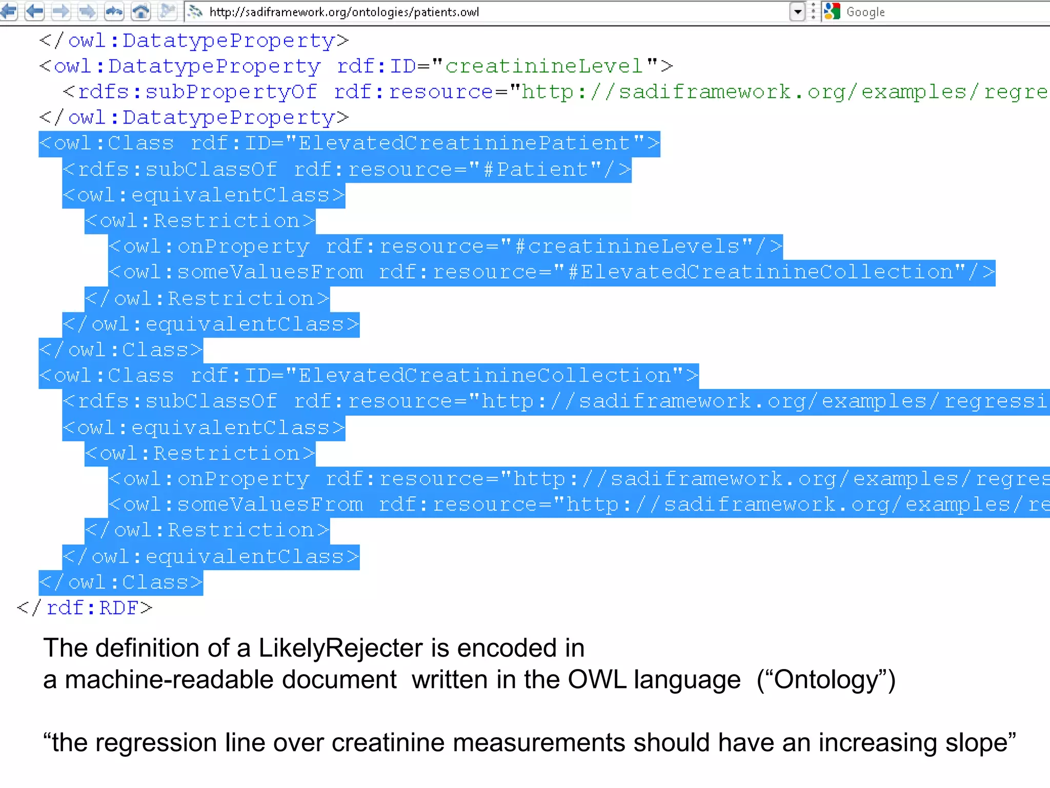 The definition of a LikelyRejecter is encoded in a machine-readable document  written in the OWL language  (“Ontology”)“the regression line over creatinine measurements should have an increasing slope”