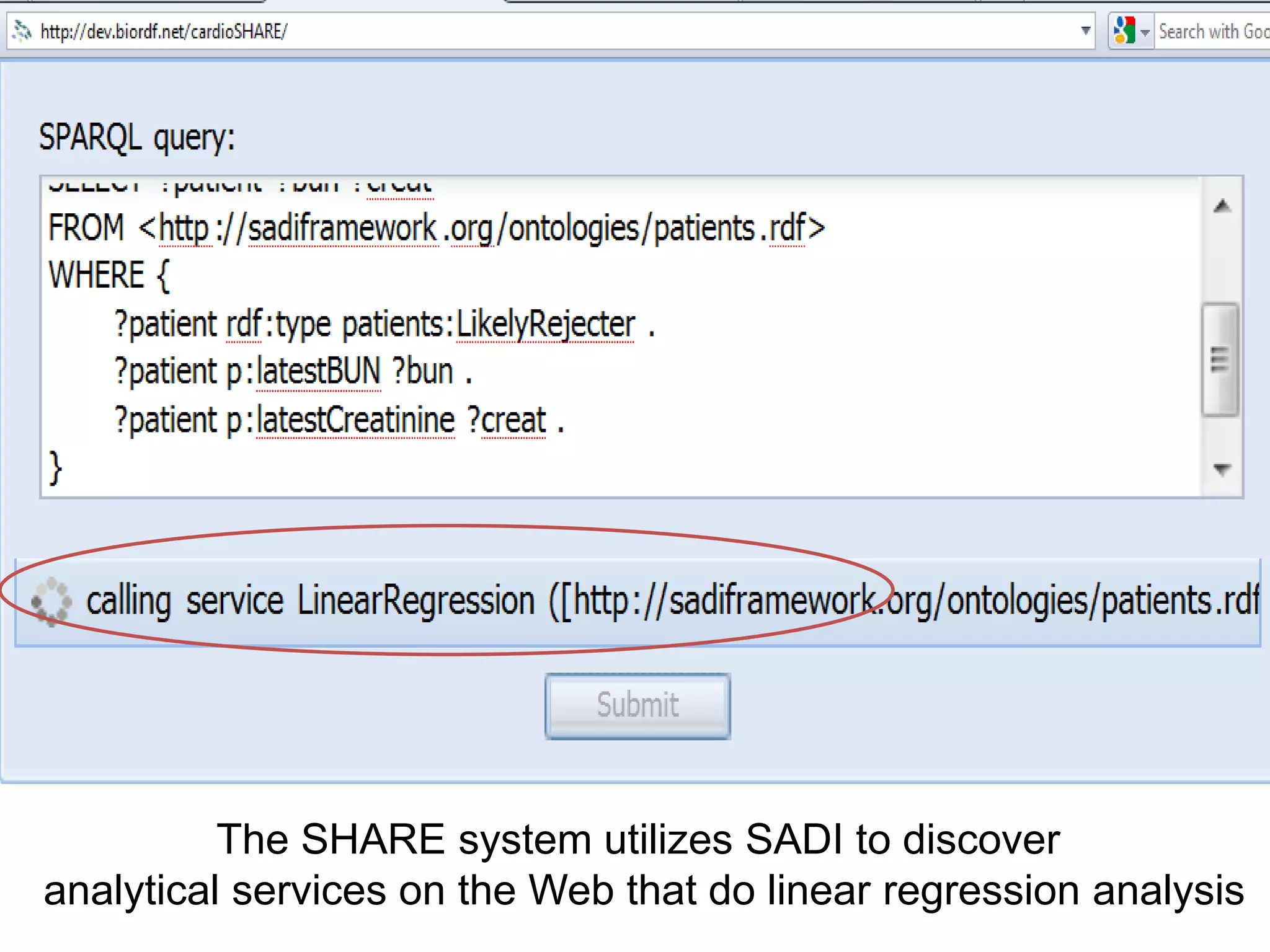 The SHARE system utilizes SADI to discover analytical services on the Web that do linear regression analysis