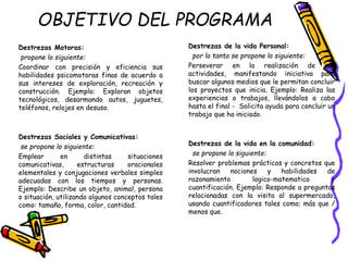 OBJETIVO DEL PROGRAMA
Destrezas Motoras:
propone lo siguiente:
Coordinar con precisión y eficiencia sus
habilidades psicomotoras finas de acuerdo a
sus intereses de exploración, recreación y
construcción. Ejemplo: Exploran objetos
tecnológicos, desarmando autos, juguetes,
teléfonos, relojes en desuso.
Destrezas Sociales y Comunicativas:
se propone lo siguiente:
Emplear en distintas situaciones
comunicativas, estructuras oracionales
elementales y conjugaciones verbales simples
adecuadas con los tiempos y personas.
Ejemplo: Describe un objeto, animal, persona
o situación, utilizando algunos conceptos tales
como: tamaño, forma, color, cantidad.
Destrezas de la vida Personal:
por lo tanto se propone lo siguiente:
Perseverar en la realización de sus
actividades, manifestando iniciativa para
buscar algunos medios que le permitan concluir
los proyectos que inicia. Ejemplo: Realiza las
experiencias o trabajos, llevándolos a cabo
hasta el final - Solicita ayuda para concluir un
trabajo que ha iniciado.
Destrezas de la vida en la comunidad:
se propone lo siguiente:
Resolver problemas prácticos y concretos que
involucran nociones y habilidades de
razonamiento logico-matematico y
cuantificación. Ejemplo: Responde a preguntas
relacionadas con la visita al supermercado,
usando cuantificadores tales como; más que /
menos que.
 