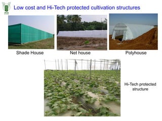 Shade House Net house
Low cost and Hi-Tech protected cultivation structures
Polyhouse
Hi-Tech protected
structure
 