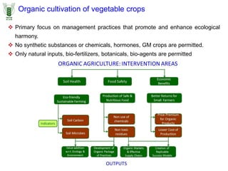  Primary focus on management practices that promote and enhance ecological
harmony.
 No synthetic substances or chemicals, hormones, GM crops are permitted.
 Only natural inputs, bio-fertilizers, botanicals, bio-agents are permitted
Organic cultivation of vegetable crops
 