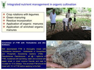 Integrated nutrient management in organic cultivation
 Crop rotations with legumes
 Green manuring
 Residue incorporation
 Application of organic manures
 Application of enriched organic
manures
 