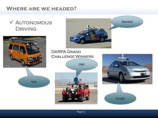 Where are we headed?

 Autonomous                          Stanford

  Driving



               DARPA Grand
               Challenge Winners
                          CMU




       Italy




                                   Google



                         Page11
 