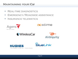 Maintaining your iCar

 • Real-time diagnostics
 • Emergency/Roadside assistance
 • Insurance telematics




                        Page26
 