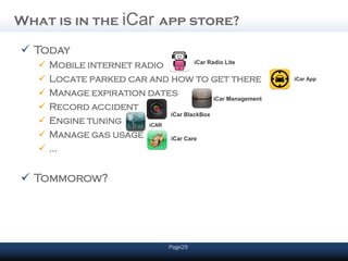 What is in the iCar app store?

 Today
      Mobile internet radio          iCar Radio Lite


      Locate parked car and how to get there                  iCar App

      Manage expiration dates
                                             iCar Management
      Record accident
                              iCar BlackBox
      Engine tuning     iCAR

      Manage gas usage       iCar Care
      …


 Tommorow?




                                    Page29
 