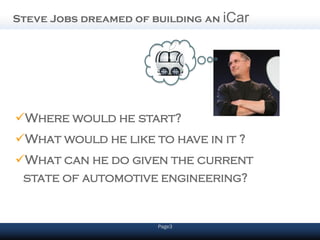 Steve Jobs dreamed of building an iCar




Where would he start?
What would he like to have in it ?
What can he do given the current
 state of automotive engineering?


                       Page3
 