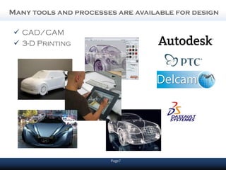 Many tools and processes are available for design

  CAD/CAM
  3-D Printing




                       Page7
 