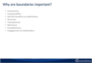 Why are boundaries important?
• Consistency
• Comparability
• Sell the benefits to stakeholders
• Accuracy
• Transparency
• Relevance
• Completeness
• Engagement of stakeholders
 