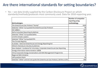 Are there international standards for setting boundaries?
• Yes – see data kindly supplied by the Carbon Disclosure Project on which
standards/methods/protocols most commonly used. Data for 2010 reporting year.
 