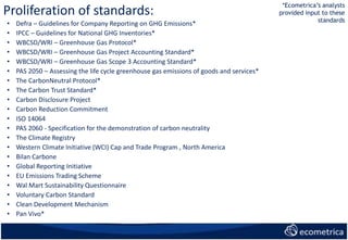 Proliferation of standards:
• Defra – Guidelines for Company Reporting on GHG Emissions*
• IPCC – Guidelines for National ...