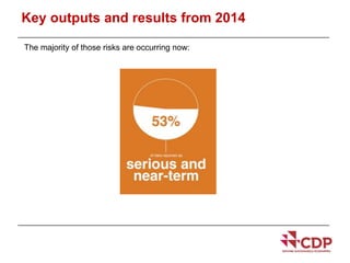 Key outputs and results from 2014 
The majority of those risks are occurring now: 
 