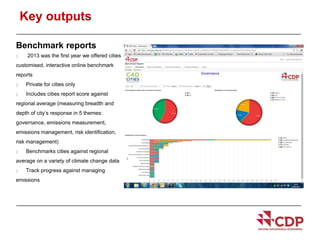Key outputs 
Benchmark reports 
 2013 was the first year we offered cities 
customised, interactive online benchmark 
reports 
 Private for cities only 
 Includes cities report score against 
regional average (measuring breadth and 
depth of city’s response in 5 themes: 
governance, emissions measurement, 
emissions management, risk identification, 
risk management) 
 Benchmarks cities against regional 
average on a variety of climate change data 
 Track progress against managing 
emissions 
 