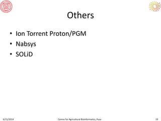 Others
• Ion Torrent Proton/PGM
• Nabsys
• SOLiD
6/15/2014 Centre for Agricultural Bioinformatics, Pusa 19
 