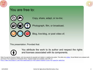 6/15/2014 Centre for Agricultural Bioinformatics, Pusa 2
You are free to:
Copy, share, adapt, or re-mix;
Photograph, film, or broadcast;
Blog, live-blog, or post video of;
This presentation. Provided that:
You attribute the work to its author and respect the rights
and licenses associated with its components.
Slide Concept by Cameron Neylon, who has waived all copyright and related or neighbouring rights. This slide only ccZero. Social Media Icons adapted with
permission from originals by Christopher Ross. Original images are available under GPL at
http://www.thisismyurl.com/free-downloads/15-free-speech-bubble-icons-for-popular-websites
 
