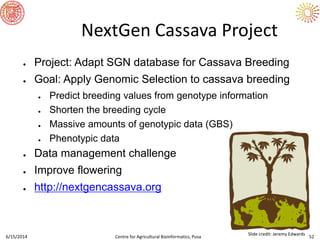 6/15/2014 Centre for Agricultural Bioinformatics, Pusa 52
NextGen Cassava Project
● Project: Adapt SGN database for Cassava Breeding
● Goal: Apply Genomic Selection to cassava breeding
● Predict breeding values from genotype information
● Shorten the breeding cycle
● Massive amounts of genotypic data (GBS)
● Phenotypic data
● Data management challenge
● Improve flowering
● http://nextgencassava.org
Slide credit: Jeremy Edwards
 