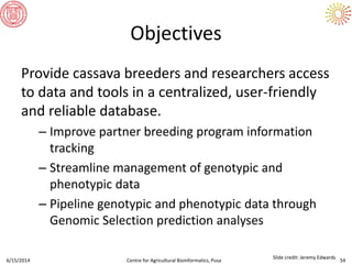 Objectives
Provide cassava breeders and researchers access
to data and tools in a centralized, user-friendly
and reliable database.
– Improve partner breeding program information
tracking
– Streamline management of genotypic and
phenotypic data
– Pipeline genotypic and phenotypic data through
Genomic Selection prediction analyses
6/15/2014 Centre for Agricultural Bioinformatics, Pusa 54
Slide credit: Jeremy Edwards
 