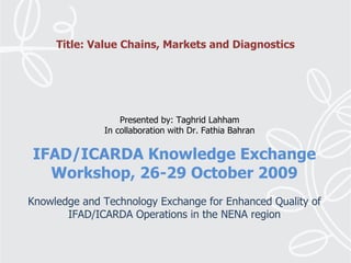 IFAD/ICARDA Knowledge Exchange Workshop, 26-29 October 2009   Knowledge and Technology Exchange for Enhanced Quality of IFAD/ICARDA Operations in the NENA region Title: Value Chains, Markets and Diagnostics Presented by: Taghrid Lahham In collaboration with Dr. Fathia Bahran 