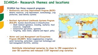 ICARDA has three research programs
• Biodiversity and Crop Improvement Program (BCIP):
Genetic resources, crop improvement...