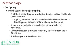 Methodology
•Sampling
• Multi-stage (mixed) sampling
• 3 of the 4 major legume producing districts in Bale highlands
were selected.
• Agarfa, Goba and Sinana based on relative importance of
food legumes in terms of land allocation for crops.
• 4 peasant associations in each district were selected
randomly.
• 200 farm households were randomly selected from the 4
PAs/District.
• Total sample size 600 farm HHs.
 