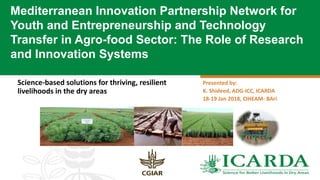 Science-based solutions for thriving, resilient
livelihoods in the dry areas
Mediterranean Innovation Partnership Network for
Youth and Entrepreneurship and Technology
Transfer in Agro-food Sector: The Role of Research
and Innovation Systems
Presented by:
K. Shideed, ADG-ICC, ICARDA
18-19 Jan 2018, CIHEAM- BAri
 