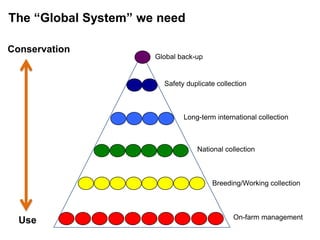 Global back-up
Safety duplicate collection
Long-term international collection
National collection
Breeding/Working collection
On-farm management
The “Global System” we need
Conservation
Use
 