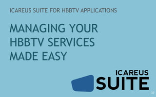 ICAREUS SUITE FOR HBBTV APPLICATIONS
MANAGING YOUR
HBBTV SERVICES
MADE EASY
10
 