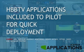 h
15
HBBTV APPLICATIONS
INCLUDED TO PILOT
FOR QUICK
DEPLOYMENT
ICAREUS: EPG, CATCH-UP, AUDIENCE MONITORING, VIEWER RATINGS, VOTING, RADIO,
VOD, FACEBOOK, TWITTER
 