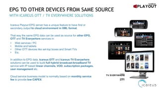 EPG TO OTHER DEVICES FROM SAME SOURCE
WITH ICAREUS OTT / TV EVERYWHERE SOLUTIONS
Icareus Playout EPG server has a unique feature to have first or
secondary output to cloud environment in XML format.
That way the same EPG data can be used as source for other EPG,
OTT and TV Everywhere services in:
• Web services / PC
• Mobile and tablets
• Other OTT devices like set-top boxes and Smart TVs
• Etc.
In addition to EPG data, Icareus OTT and Icareus TV Everywhere
solutions can be used to build full hybrid broadcast-broadband TV
service with IP based linear channels, VOD, subscription packages,
user management etc.
Cloud service business model is normally based on monthly service
fee to provide low CAPEX.
 