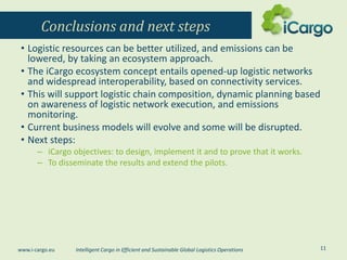 Conclusions and next steps
• Logistic resources can be better utilized, and emissions can be
lowered, by taking an ecosyst...