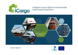 www.i-cargo.eu
Intelligent Cargo in Efficient and Sustainable
Global Logistics Operations
Intelligent Cargo in Efficient and Sustainable
Global Logistics Operations
An example of
developing for the
iCargo Ecosystem: the
Planning Service
---
iCargo Training 2.4 & 3.1
26th Feb 15
 