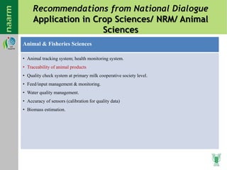 Recommendations from National Dialogue
Application in Crop Sciences/ NRM/ Animal
Sciences
Animal & Fisheries Sciences
• Animal tracking system; health monitoring system.
• Traceability of animal products
• Quality check system at primary milk cooperative society level.
• Feed/input management & monitoring.
• Water quality management.
• Accuracy of sensors (calibration for quality data)
• Biomass estimation.
 