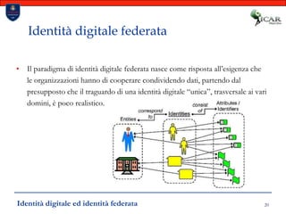 20Identità digitale federataIl paradigma di identità digitale federata nasce come risposta all’esigenza che le organizzazioni hanno di cooperare condividendo dati, partendo dal presupposto che il traguardo di una identità digitale “unica”, trasversale ai vari domini, è poco realistico. Identità digitale ed identità federata
